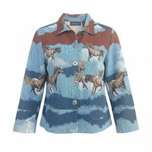 Jane Ashley Horse Tapestry Jacket Vintage 90s Woven Cotton Button Front Small